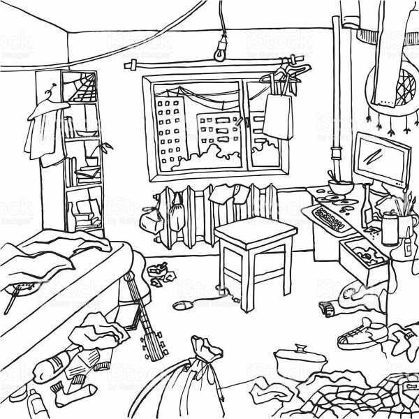 Раскраска бардак в комнате
