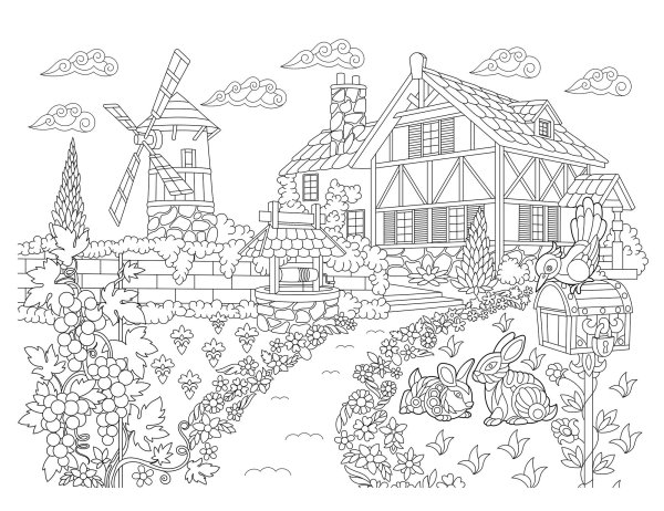 Раскраски для взрослых деревня