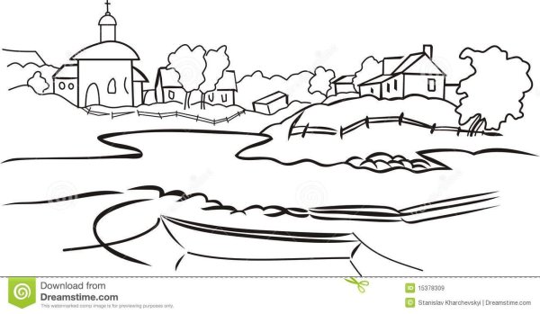 Контурный рисунок деревенский пейзаж