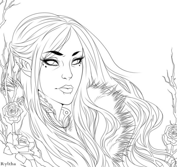 Раскраска девушка волосы огня