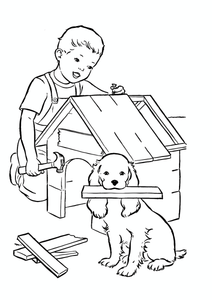 Раскраска щенок в будке для детей