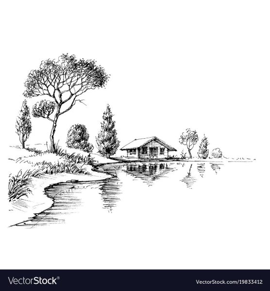 Домик и речка карандашом