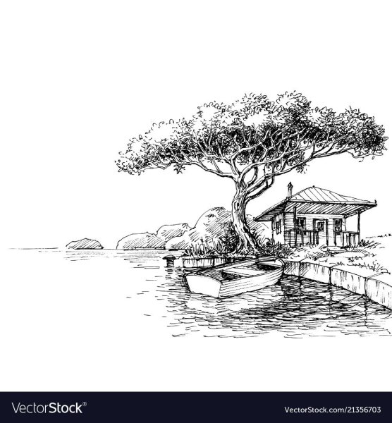 Домик на берегу реки скетч