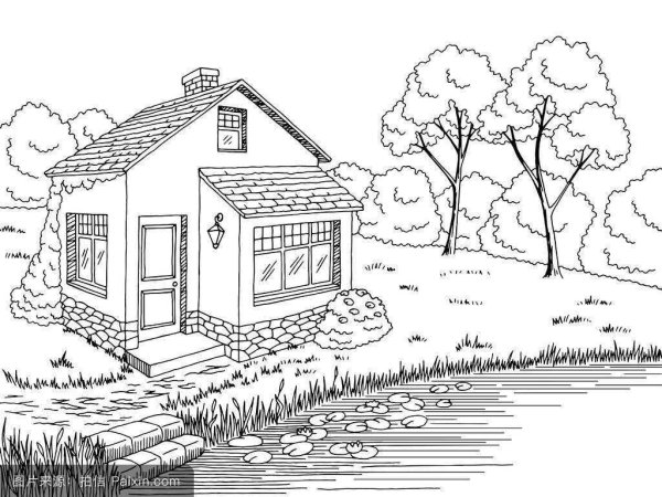 Раскраска домик у речки