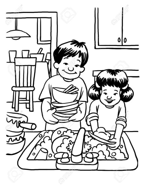 Раскраска мытье посуды для детей