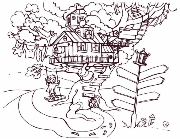 Раскраска дом на дереве