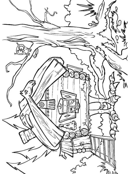 Раскраска баба Яга и избушка на курьих ножках