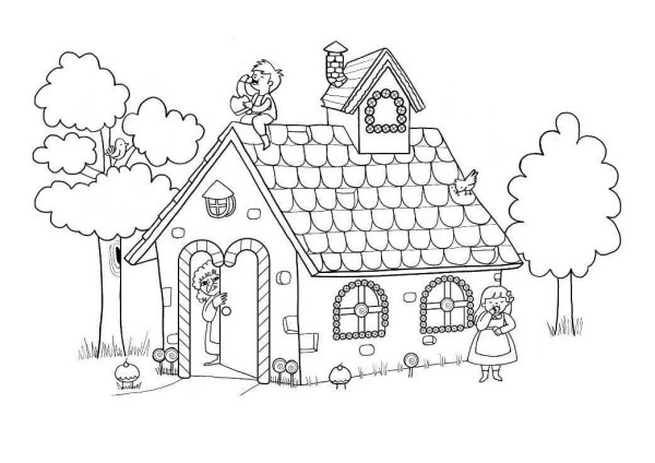 Пряничный домик Гензель и Гретель раскраска