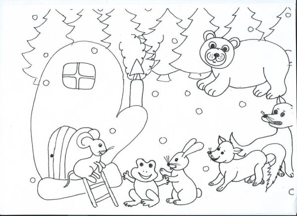 Раскраска по сказке рукавичка для детей