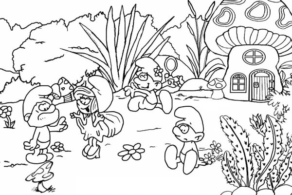 Деревня смурфиков раскраска