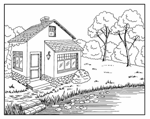 Раскраска домик у речки