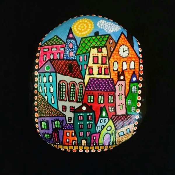 Домики на камнях акриловыми красками