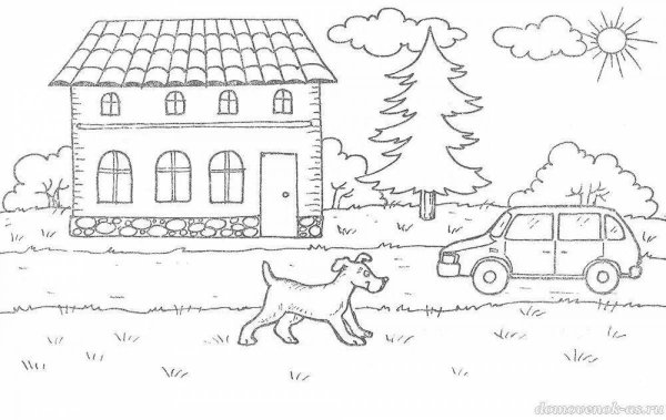 Раскраска домик с машинкой