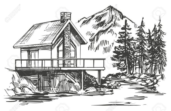 Домик в горах карандашом