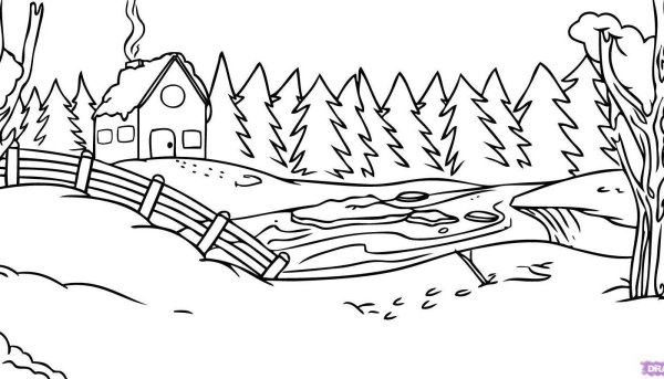 Зимний пейзаж рисунок для детей карандашом