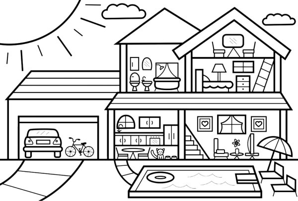 Раскраска дом с комнатами