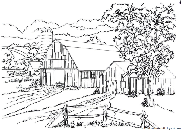 Деревенский пейзаж раскраска