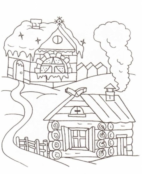 Избушка с заборчиком раскраска