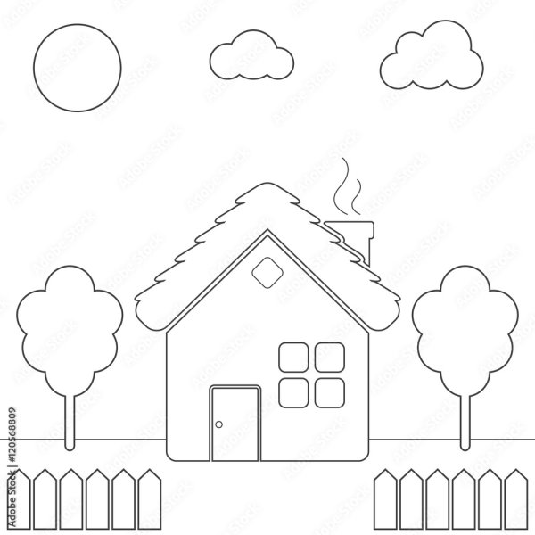 Раскраска домик с забором