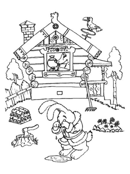 Лиса и заяц избушка Ледяная и избушка Лубяная раскраска