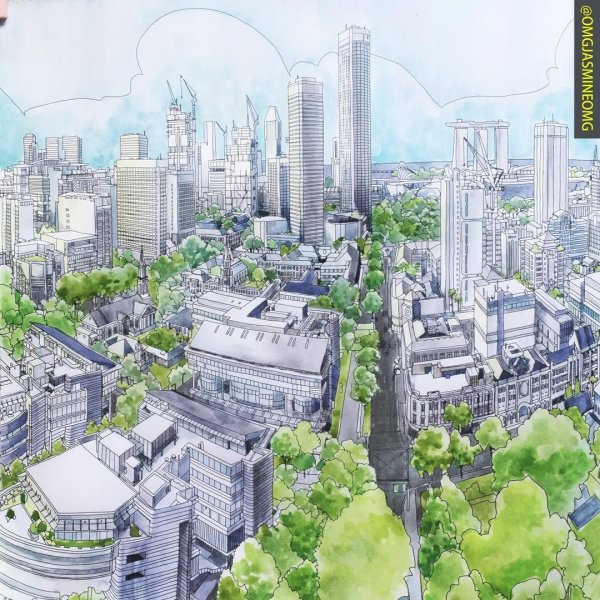 Цветной скетч города будущего