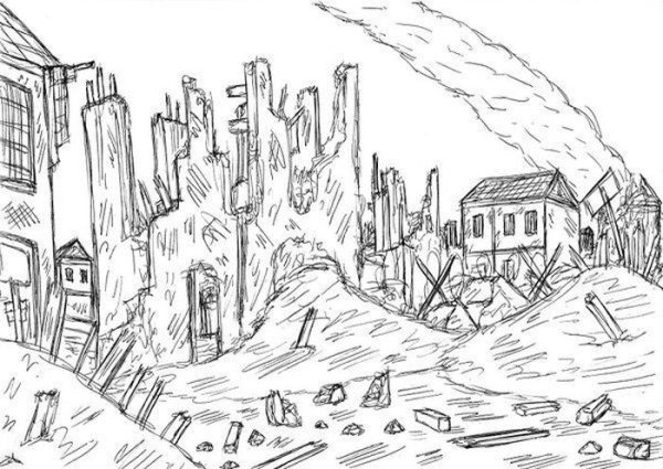 Разрушенный город карандашом