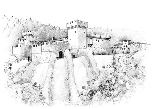 Крепость черно белая Графика