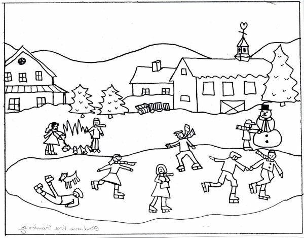 Раскраска зима в деревне