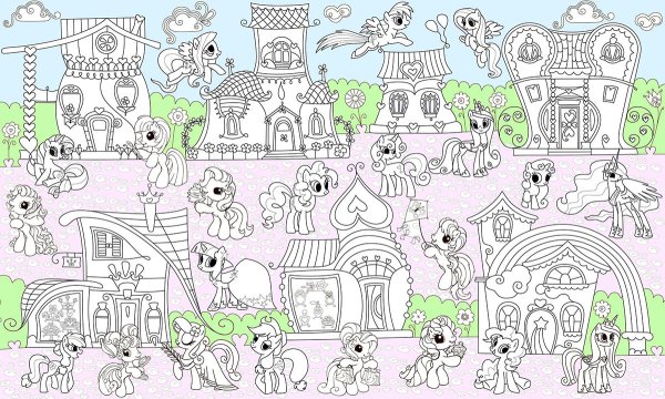 Раскраска пони с домами