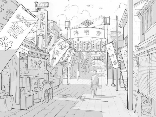 Японский город карандашом