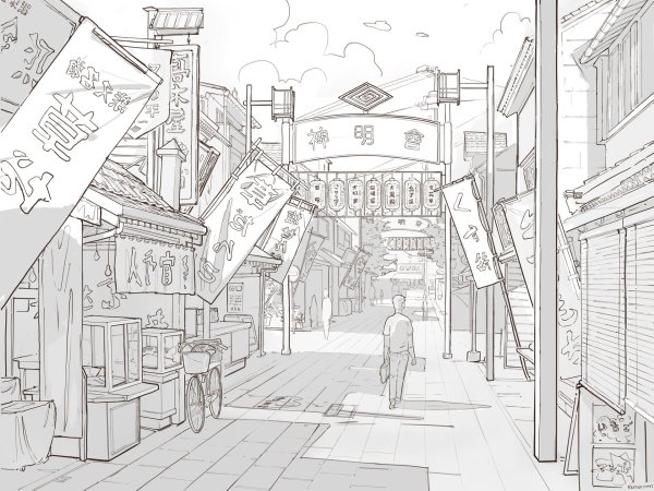 Японский город карандашом