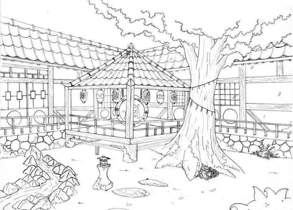 Японский сад раскраска