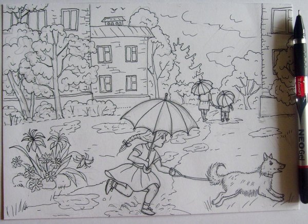 Осенний городской пейзаж карандашом