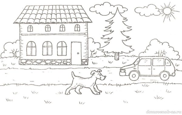 Раскраска домик с машинкой