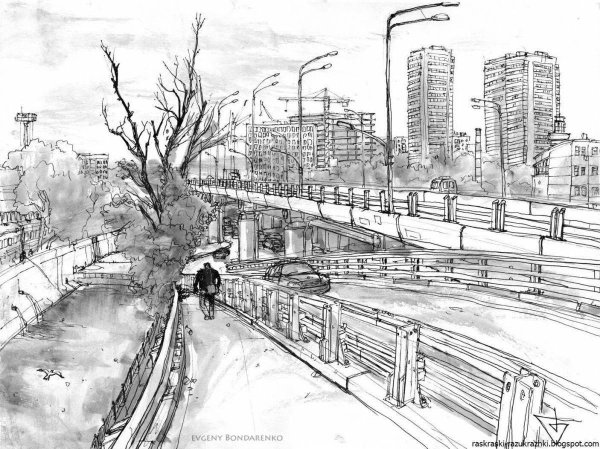 Современный городской пейзаж карандашом