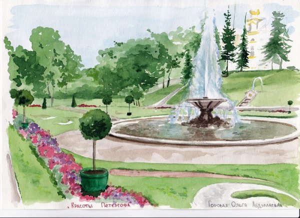 Сад с фонтаном рисунок