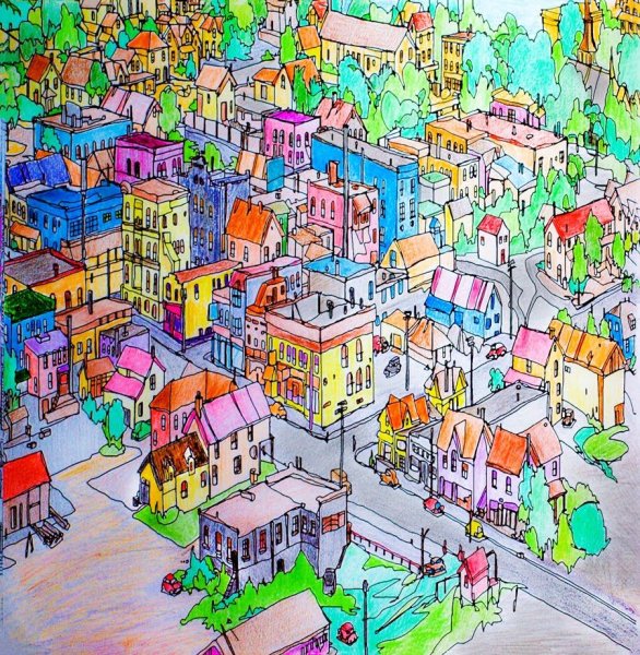 Город цветными карандашами