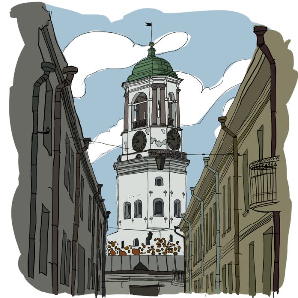 Картина Выборга часовая башня