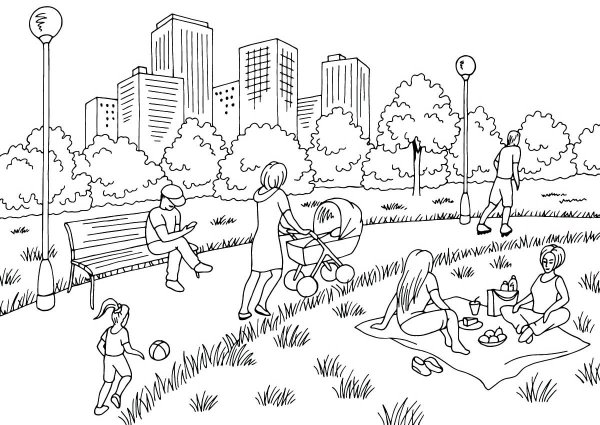 Парк в городе раскраска