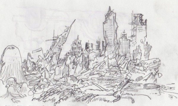 Разрушенный город карандашом