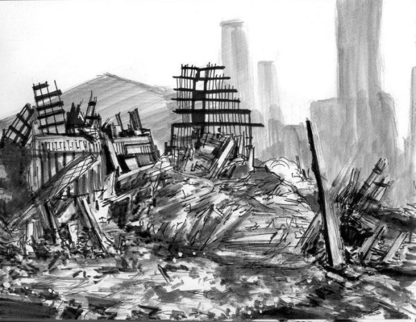 Разрушенные здания черно белые