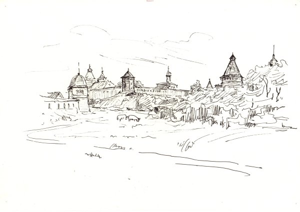 Суздаль деревянное зодчество акварель