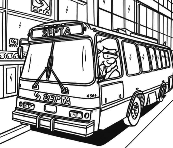 Раскраска автобус в городе