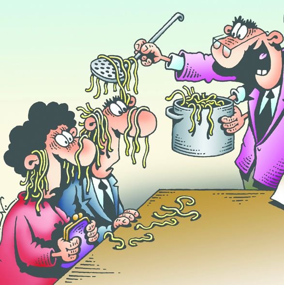 Карикатура макароны на ушах