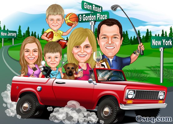 Карикатура семья в машине