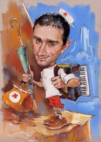 Шарж сидит с гитарой