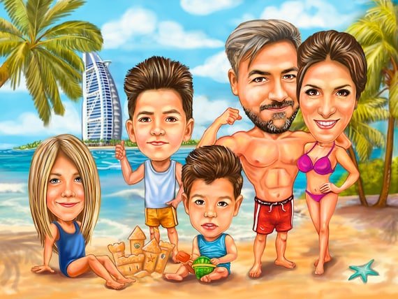 Шарж семья на пляже