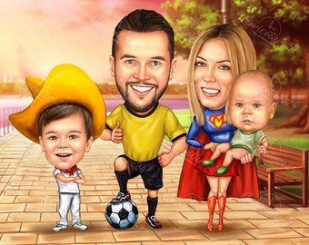 Футболист с семьей шарж