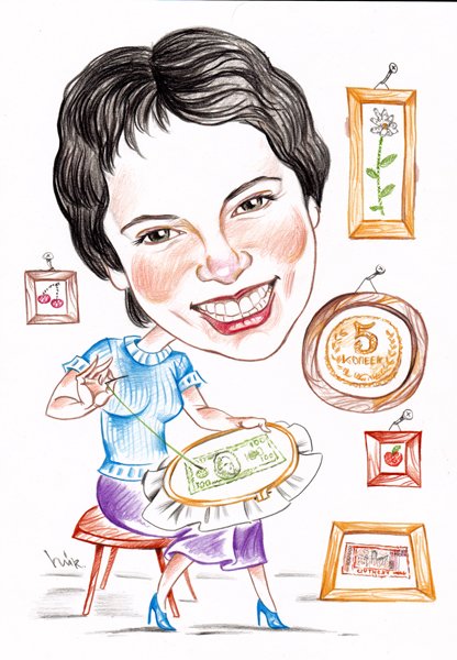 Шарж вышивает