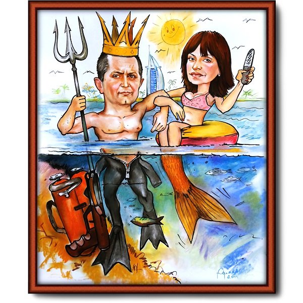 Шарж Рыбак с русалкой